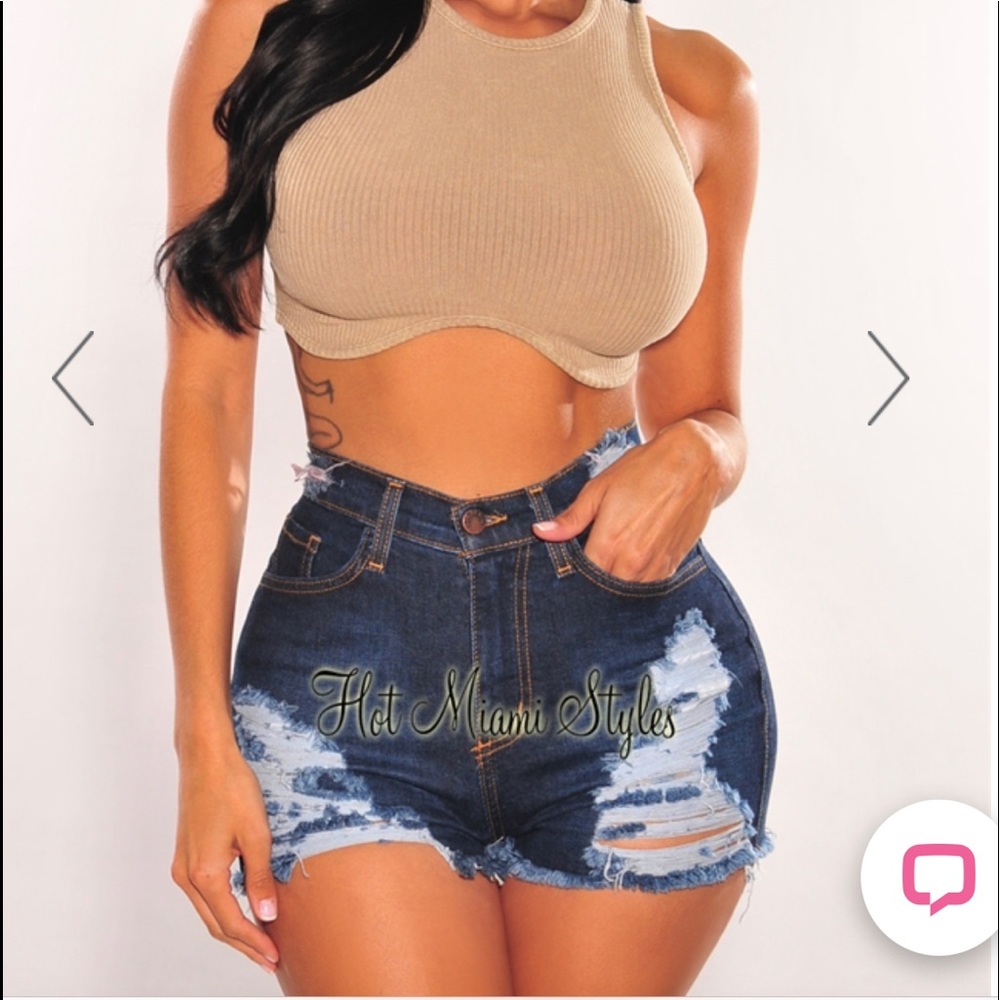 Hot Miami Styles Dark Blue Denim High Waist Distressed Frayed Hem Shorts